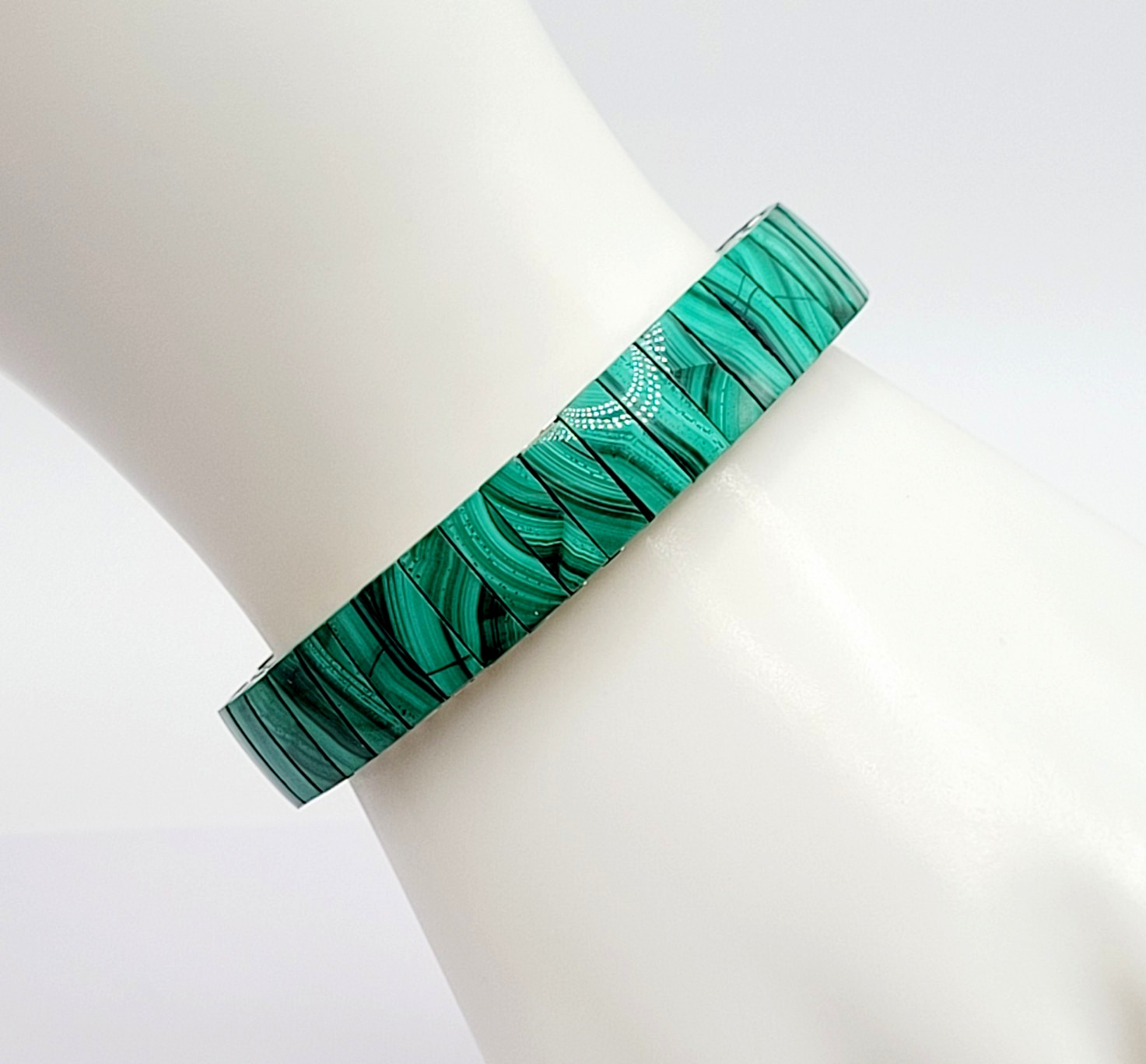 Malachite Stone Green Veneer Panel Stainless Steel Expanding Vintage Bracelet