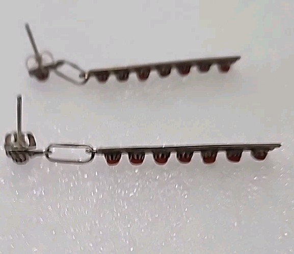 Antique silvertone red coral stone slender dangle drop intricate designed…
