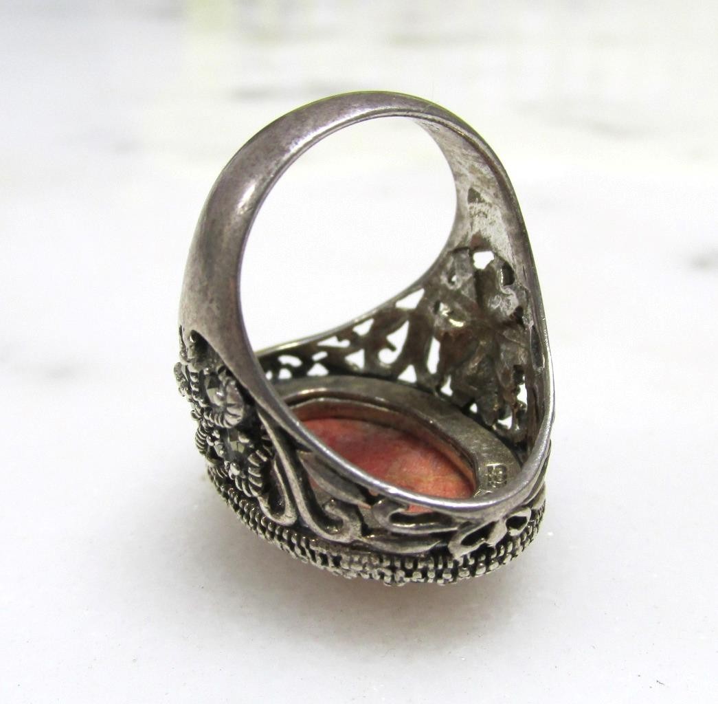 Sponge Coral Sterling Silver Ring w/ Marcasites ~ Size 6.5 ~ 9.8g ~ 12-A682