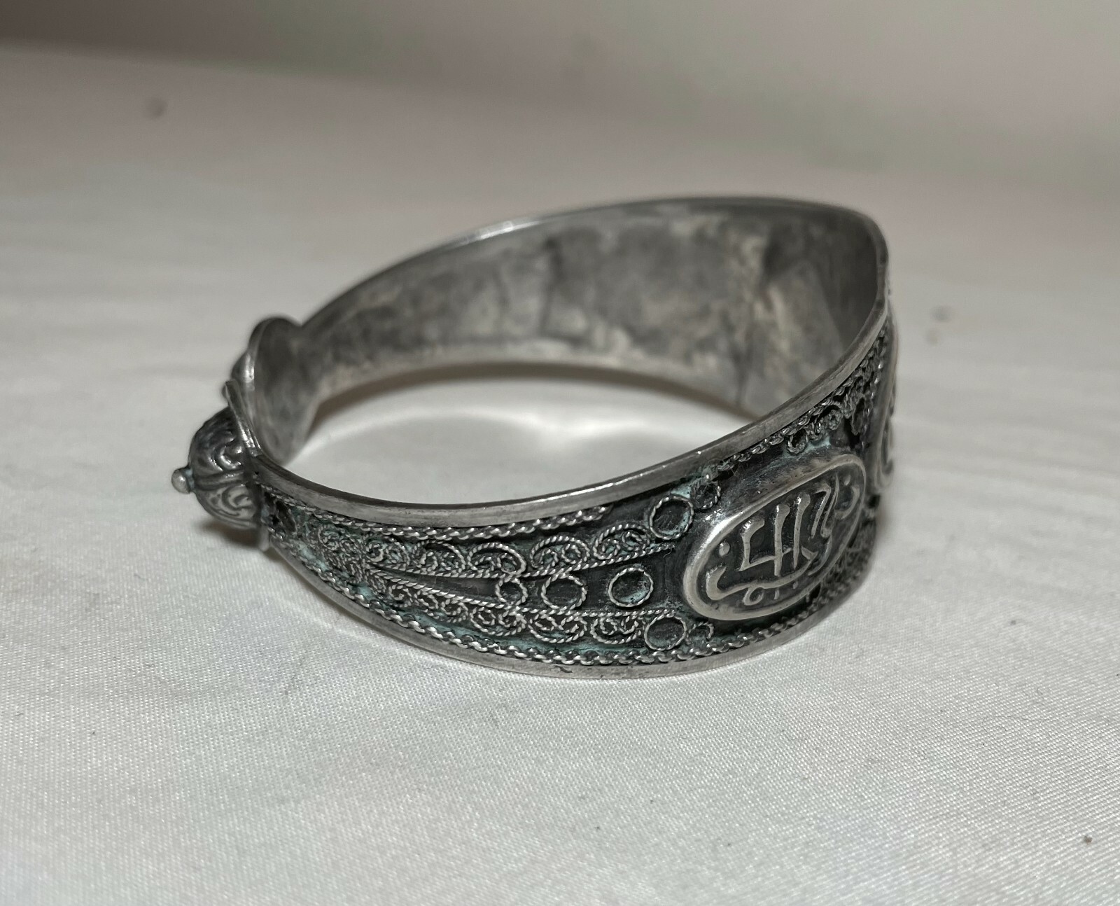 vintage ornate handmade Moroccan sterling silver filigree cuff bracelet signed