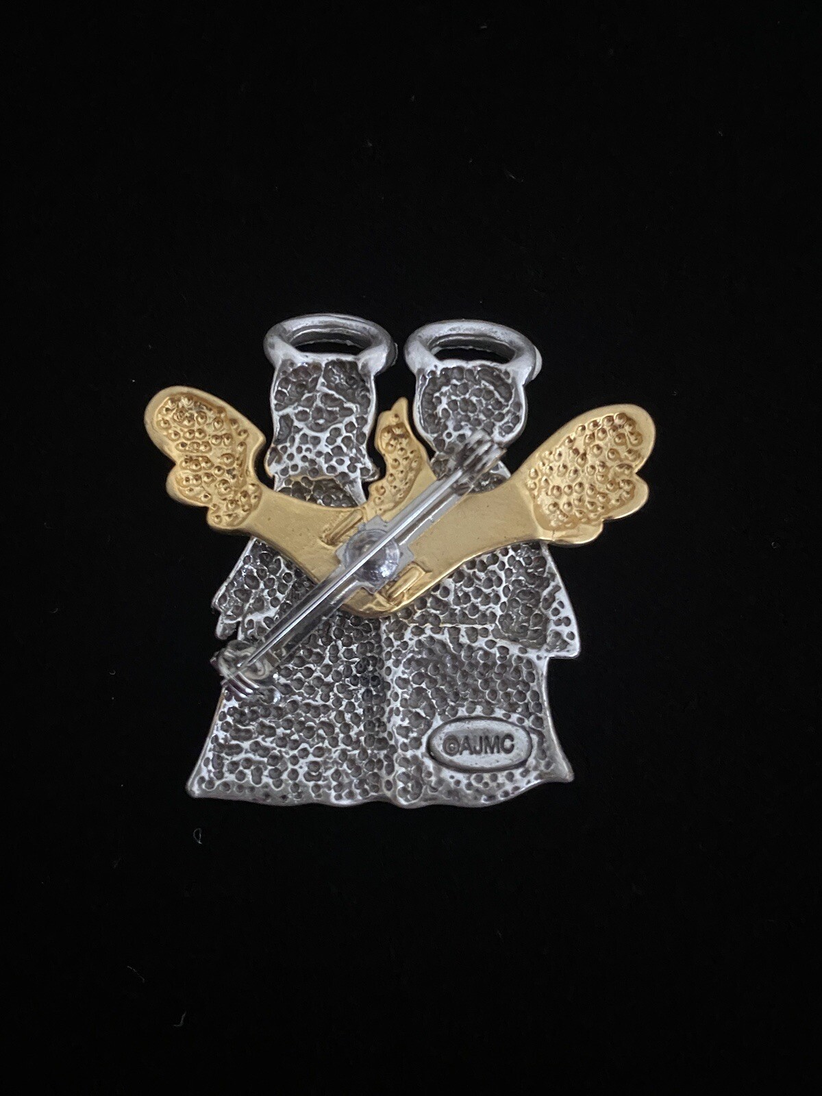 AJMC Vintage Pin Brooch Angels Antique Silver Tone with Gold Wings Red Heart