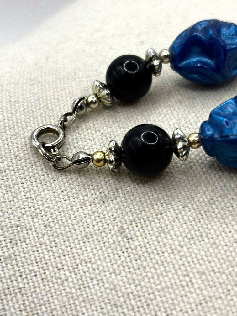 Vintage Purple Teal Blue Black And Silver Tone Crinkled Bead Necklace 24 Inch
