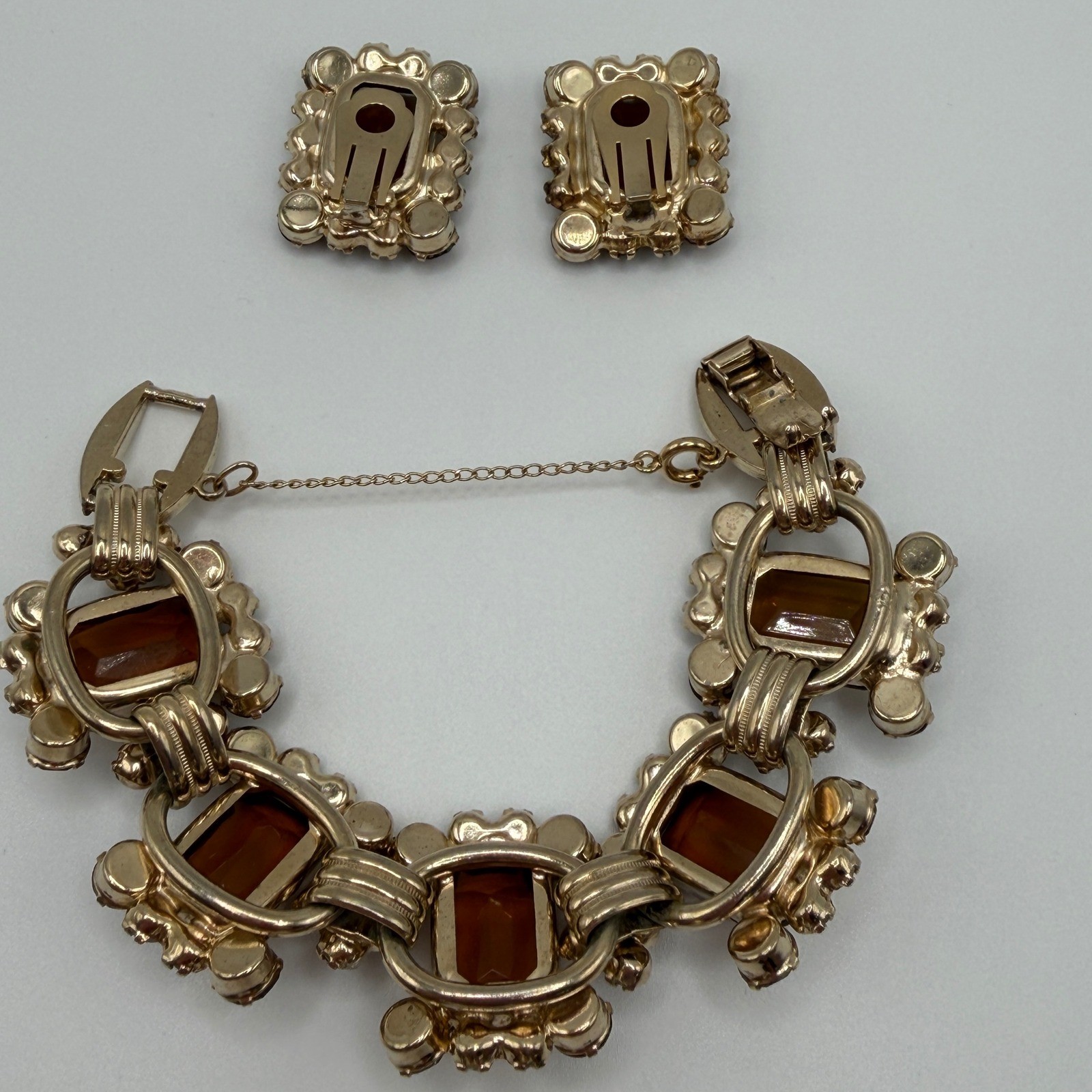 Juliana Elster & DeLizza VTG Smoky Topaz Rhinestone Bracelet and Earrings Set