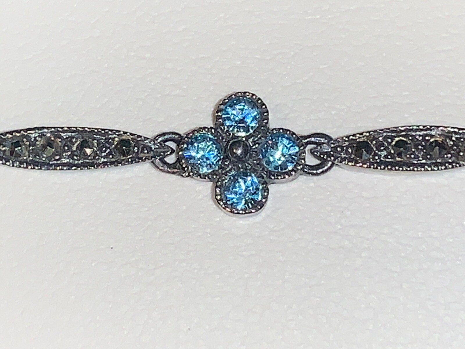 Vintage 7.5” DBJ Dee Berkeley Sterling Silver Marcasite Bracelet with Blue Gems