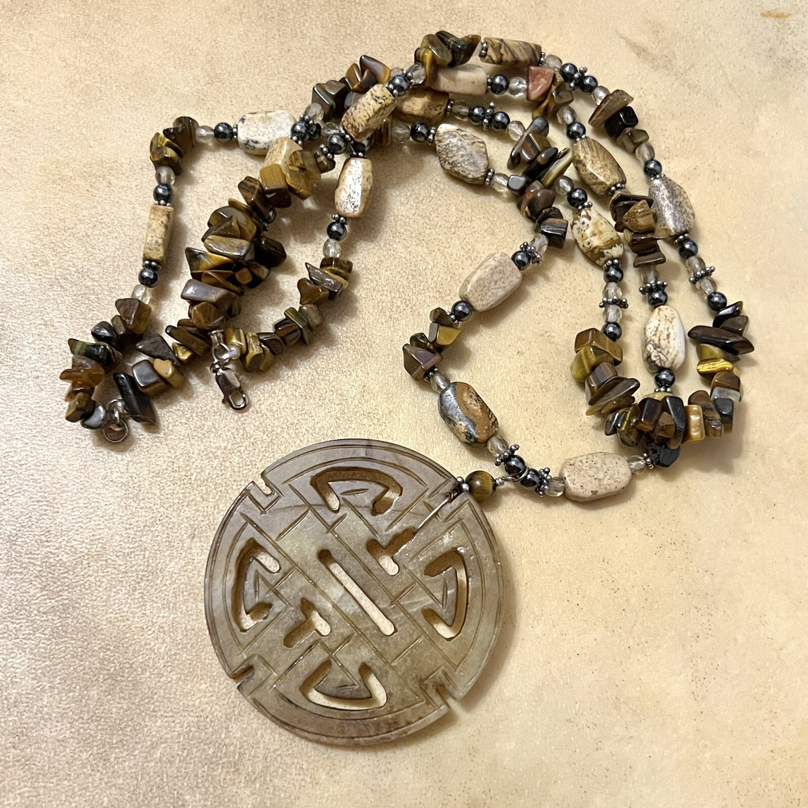 Vintage Asian Jade Carved Stone Pendant, Tigers Eye Beads, Sterling Silver Clasp