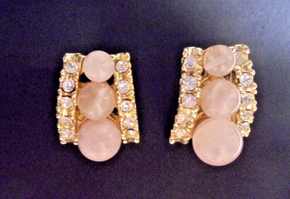 1950’s Estate Sale Pink Opalescent Faux Gem Stone W/Crystals Heavy Post Earrings