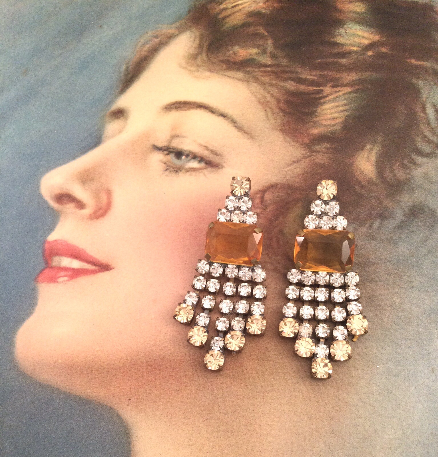 Vintage Jewellery Czech Earrings Champagne White Crystal Gold Antique Jewelry