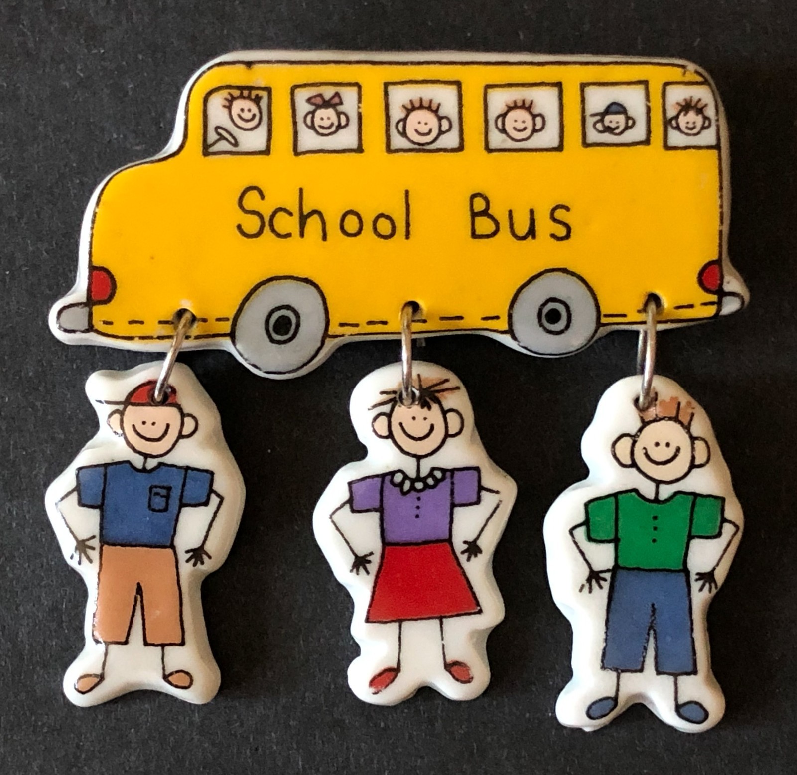 Yellow School Bus Pin 3 Dangling Children Trena’s Trinkets Ceramic 1997 Vintage