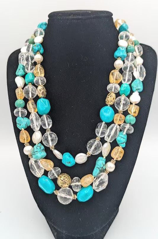 Vintage Turquoise Beaded Necklace Quartz Pearl Sterling Vermeil Multi Strand