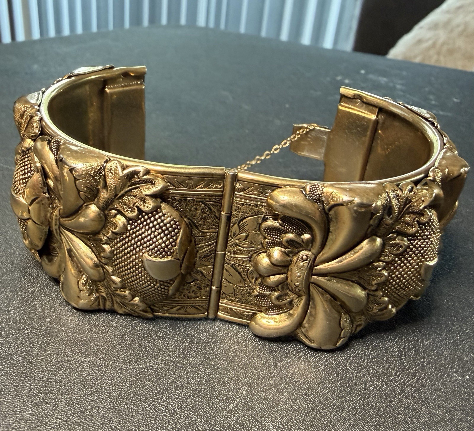 Vintage Vargas Gold Tone Wide Hinged Bracelet Floral Raised Design Safety Chain
