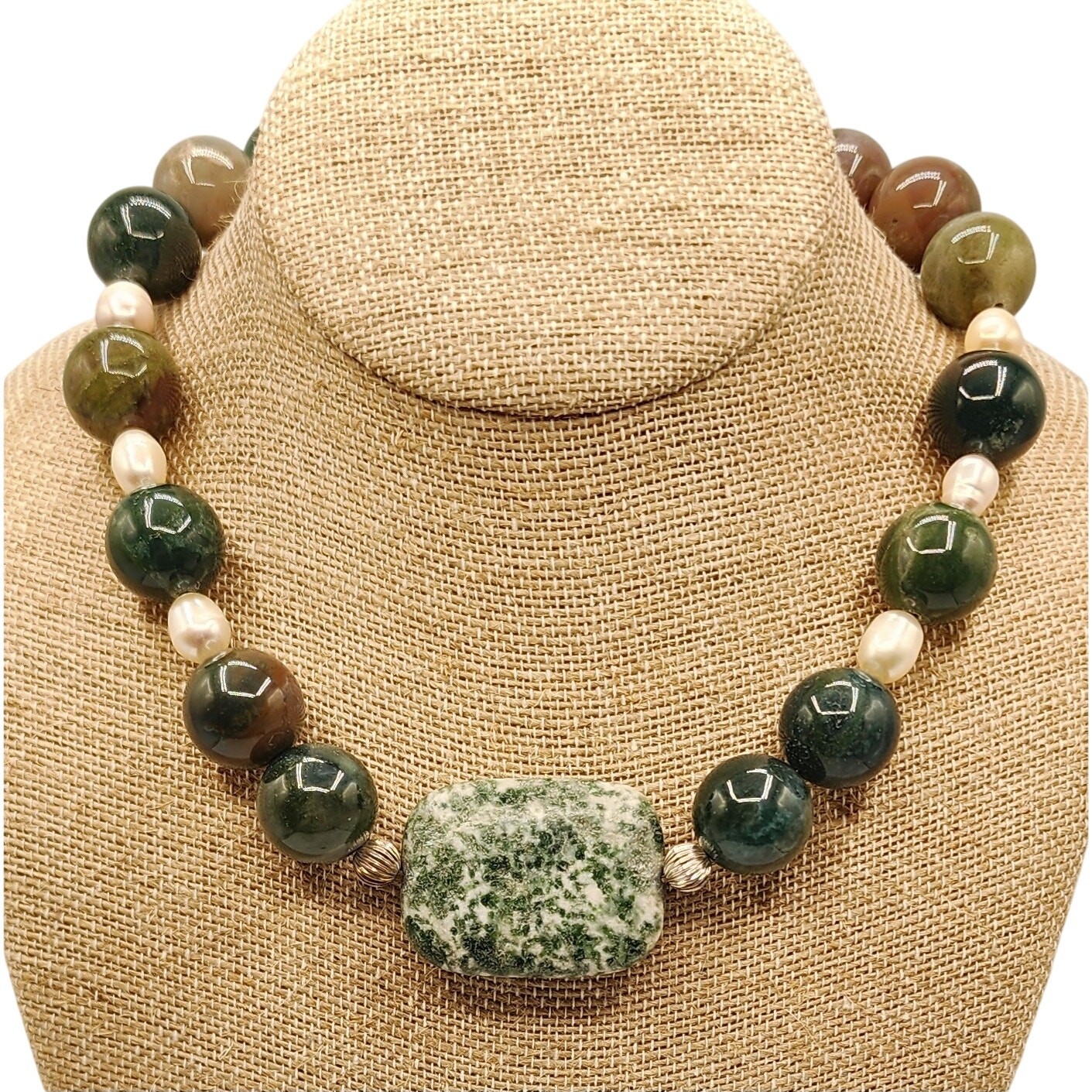 Vintage Artisan Agate & Pearl Necklace w/ Green Spot Jasper and Sterling Clasp