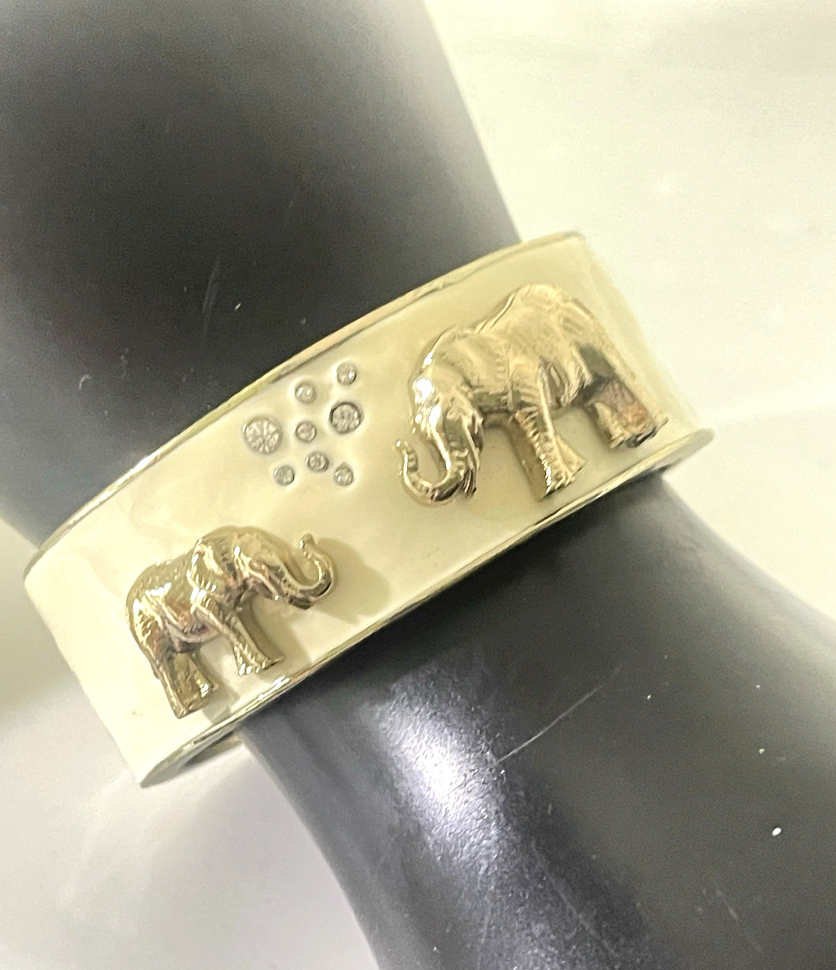 Vintage Enamel Cuff Bracelet Elephants Ivory Goldtone Crystals Hinge Opening