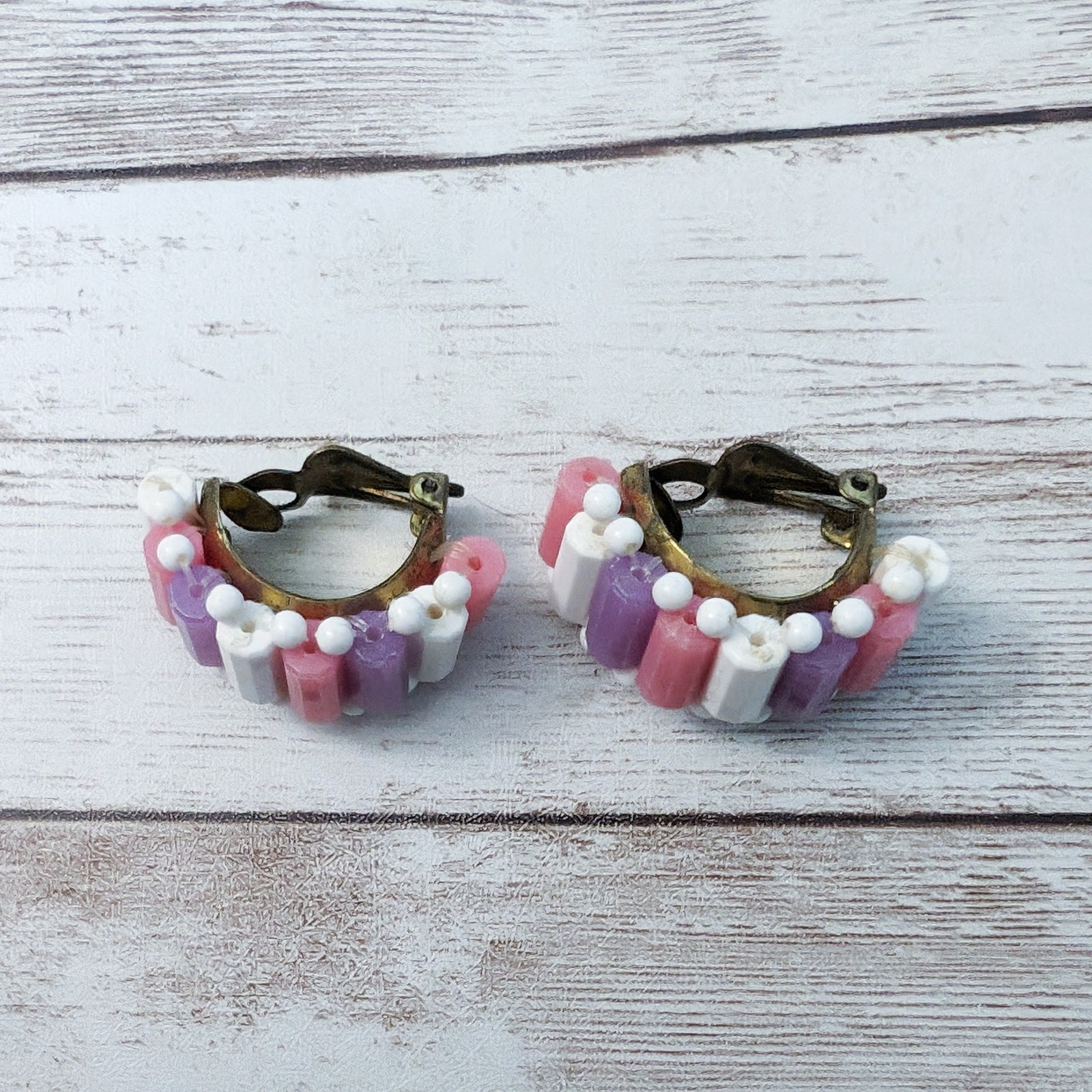 Vintage Clip On Earrings White, Purple, Pink Large Chunky Half Hoops