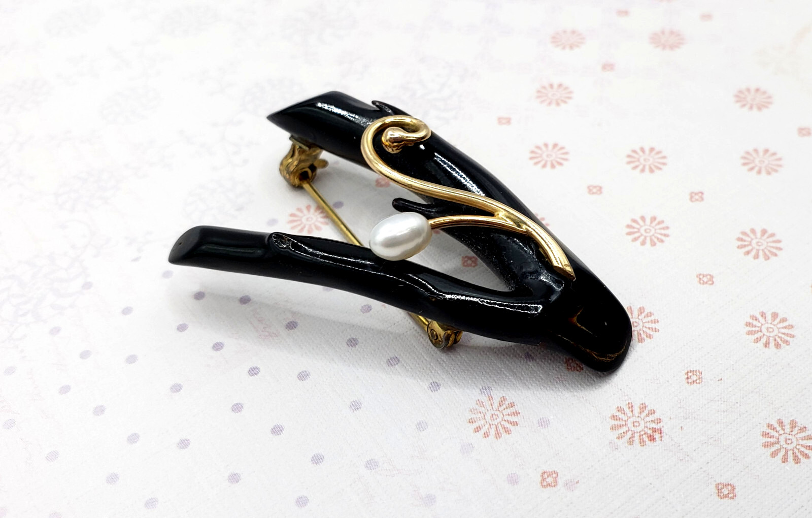 Vintage 14K Gold Pearl & Black Coral Branch Brooch & Earrings Set