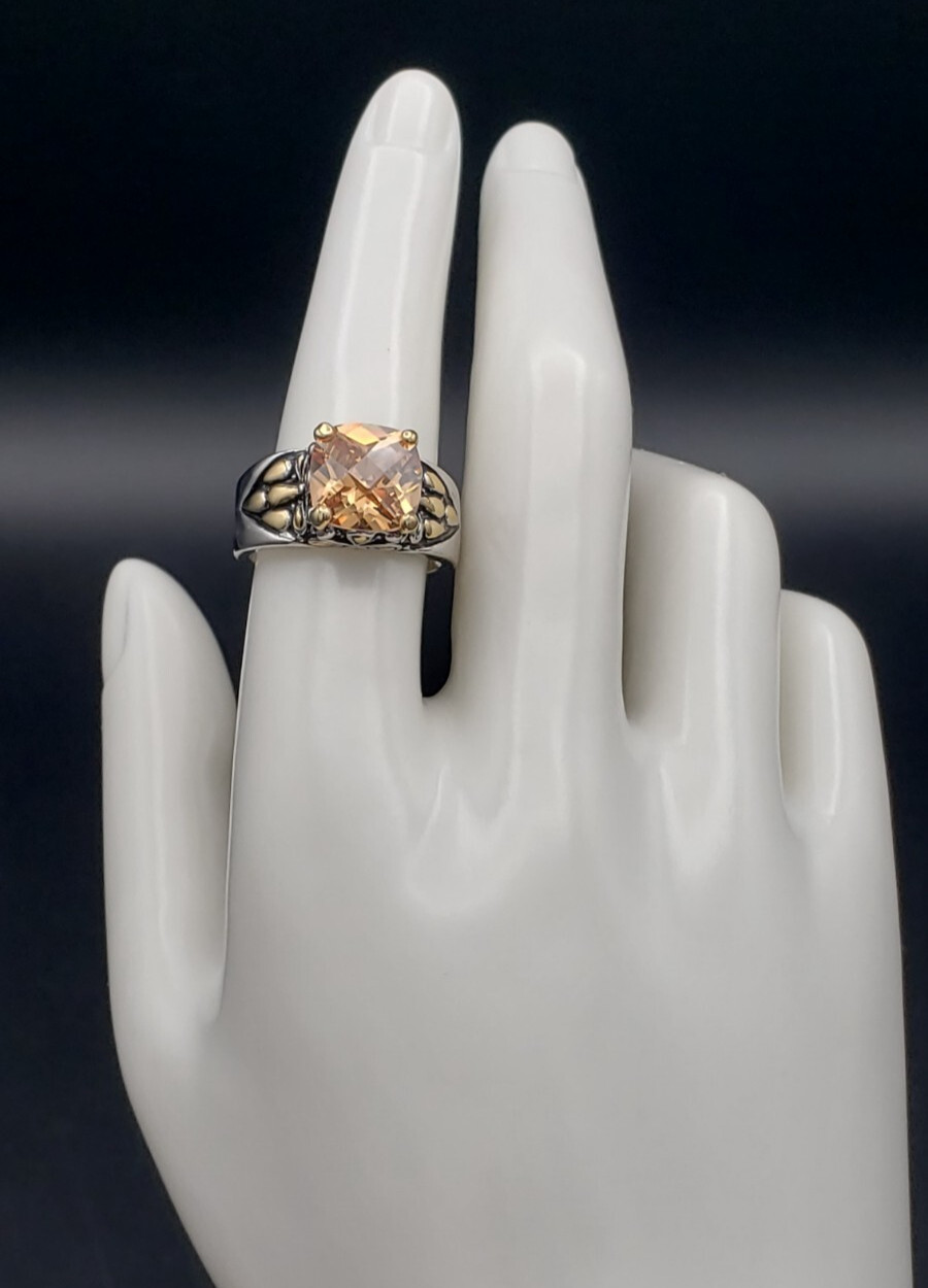 Vintage 18K White Gold Plated Cushion Cut Champagne CZ Floral Ring Size 7.75