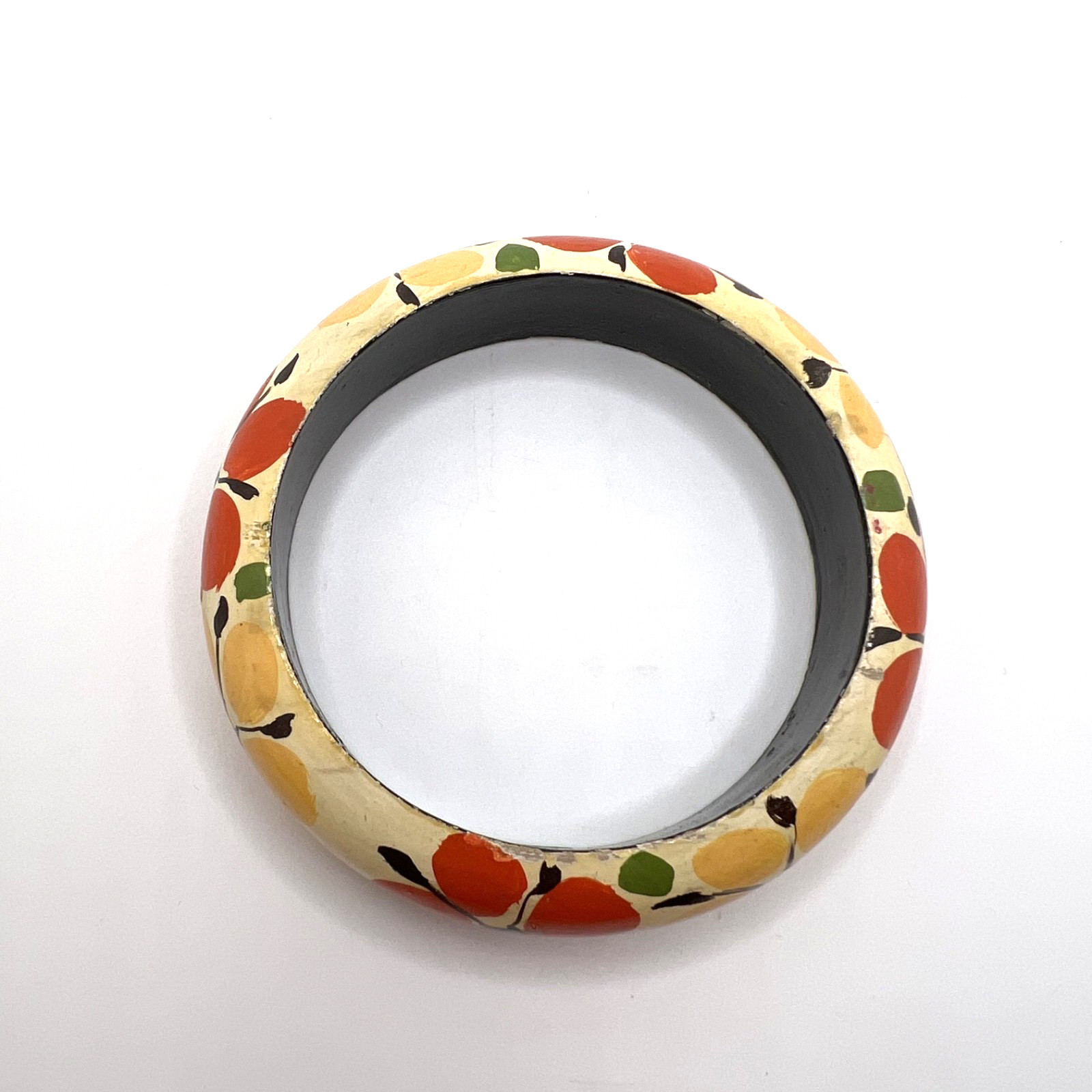 Vtg 60s-70s PAINTED WOODEN BANGLE- Bright Flowers on Cream – 7.5-8″ – Very Light