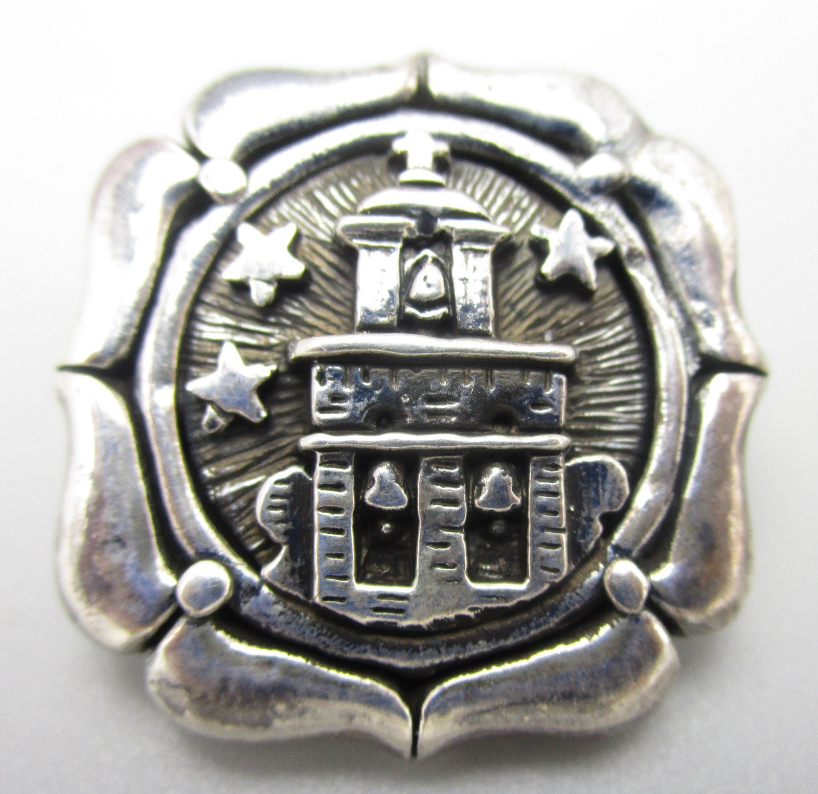 DIAN MALOUF STERLING 1″ MISSION CHURCH PENDANT WITH SCALLOPED BORDER 