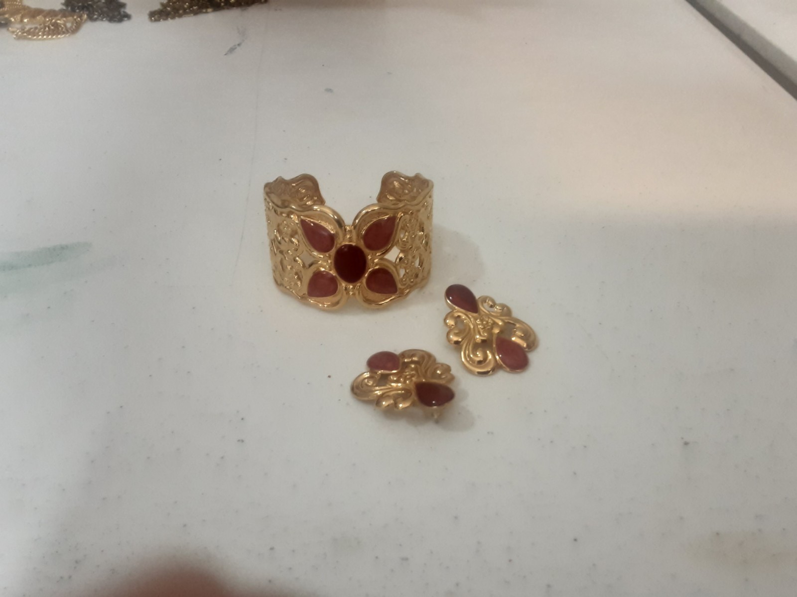 Artful Expression Gold Tone Cuff Bracelet Earrings Set [Possibly Avon not sure]