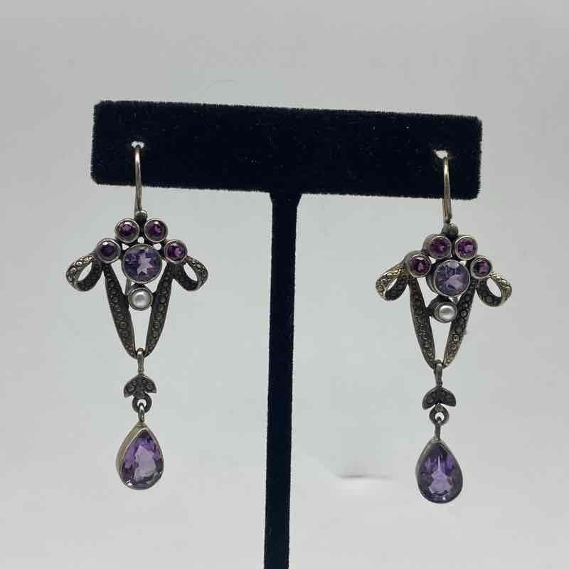 Sterling Silver 925 Amethyst Drop Earrings and Multicolor Bypass Ring Set 18.3g