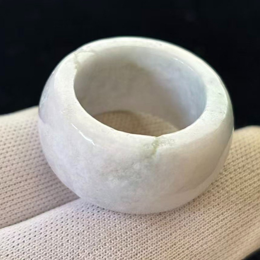 ATTENTION LITTLE DAMAGE, Natural White Jade Wide-Band Ring Width 12 mm, Size 8