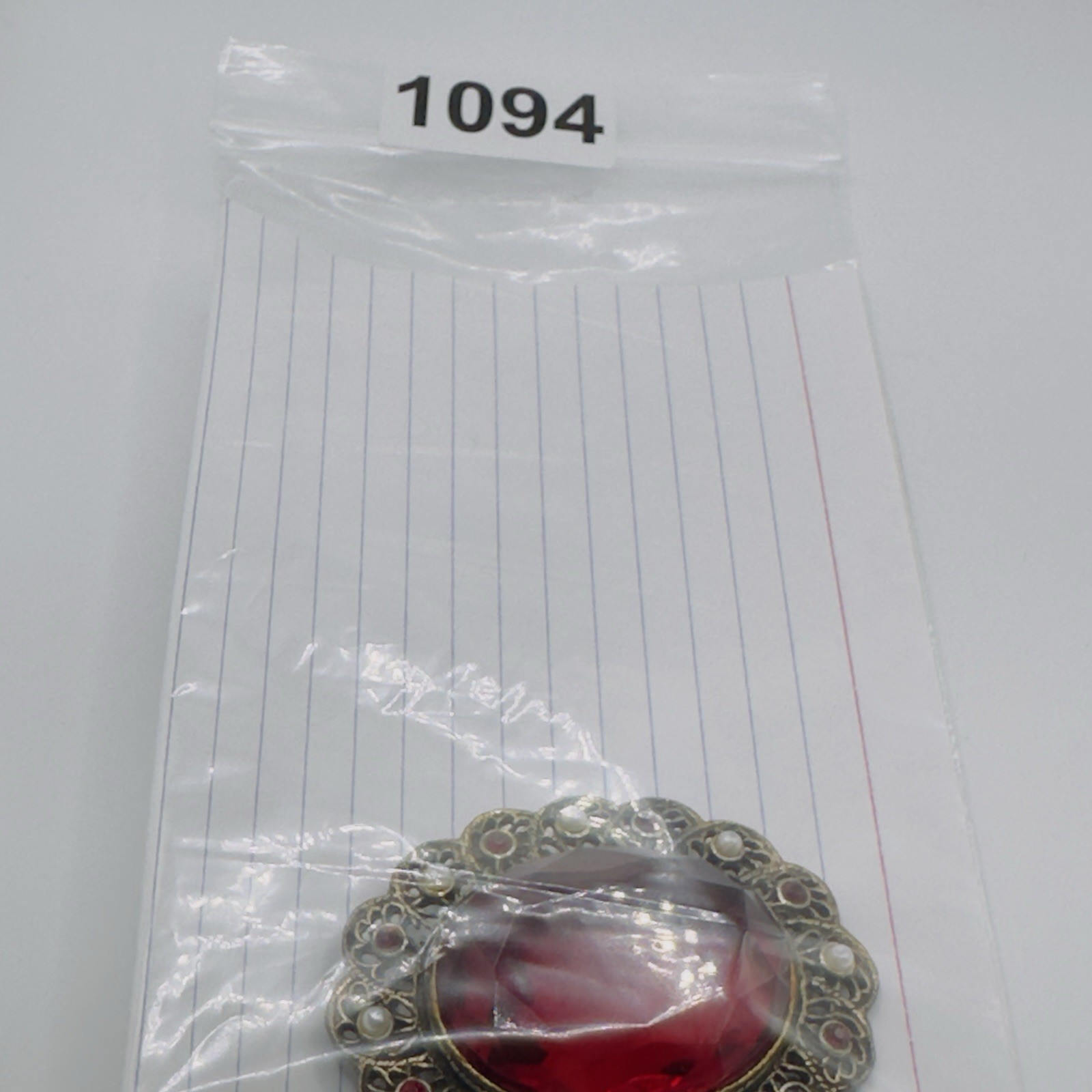 Vintage Red Glass Brooch Pendant Victorian Revival Antiqued Gold 2.75″ *READ*