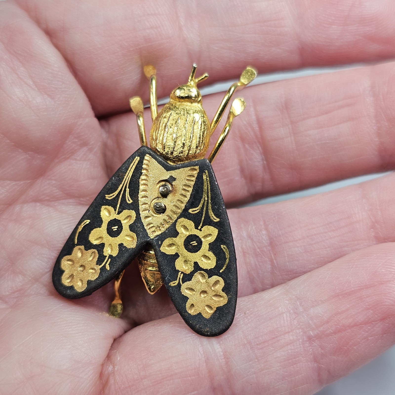 Vintage Damascene Fly Brooch Insect Bug Toledo Spain Gold Leaf