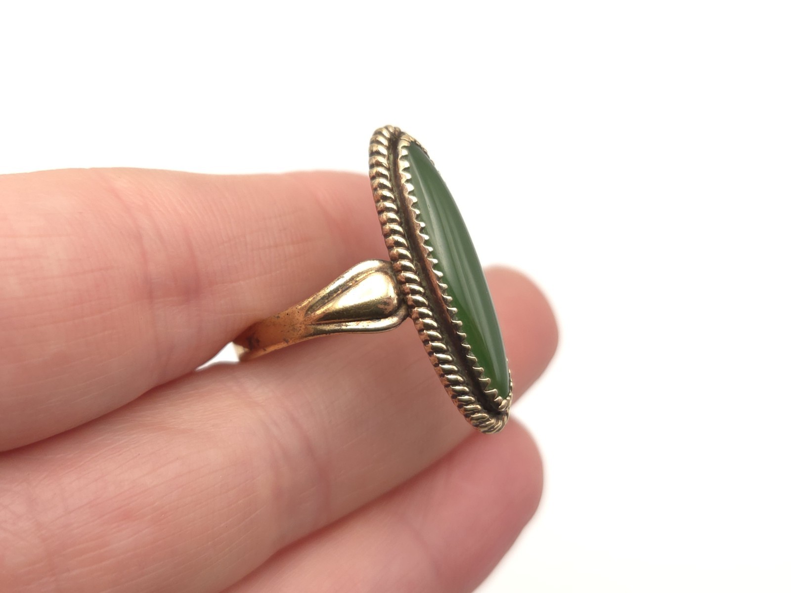 Vintage Sterling Gold Wash Signed JP Jane Popovich Navajo Elongated Jade Ring