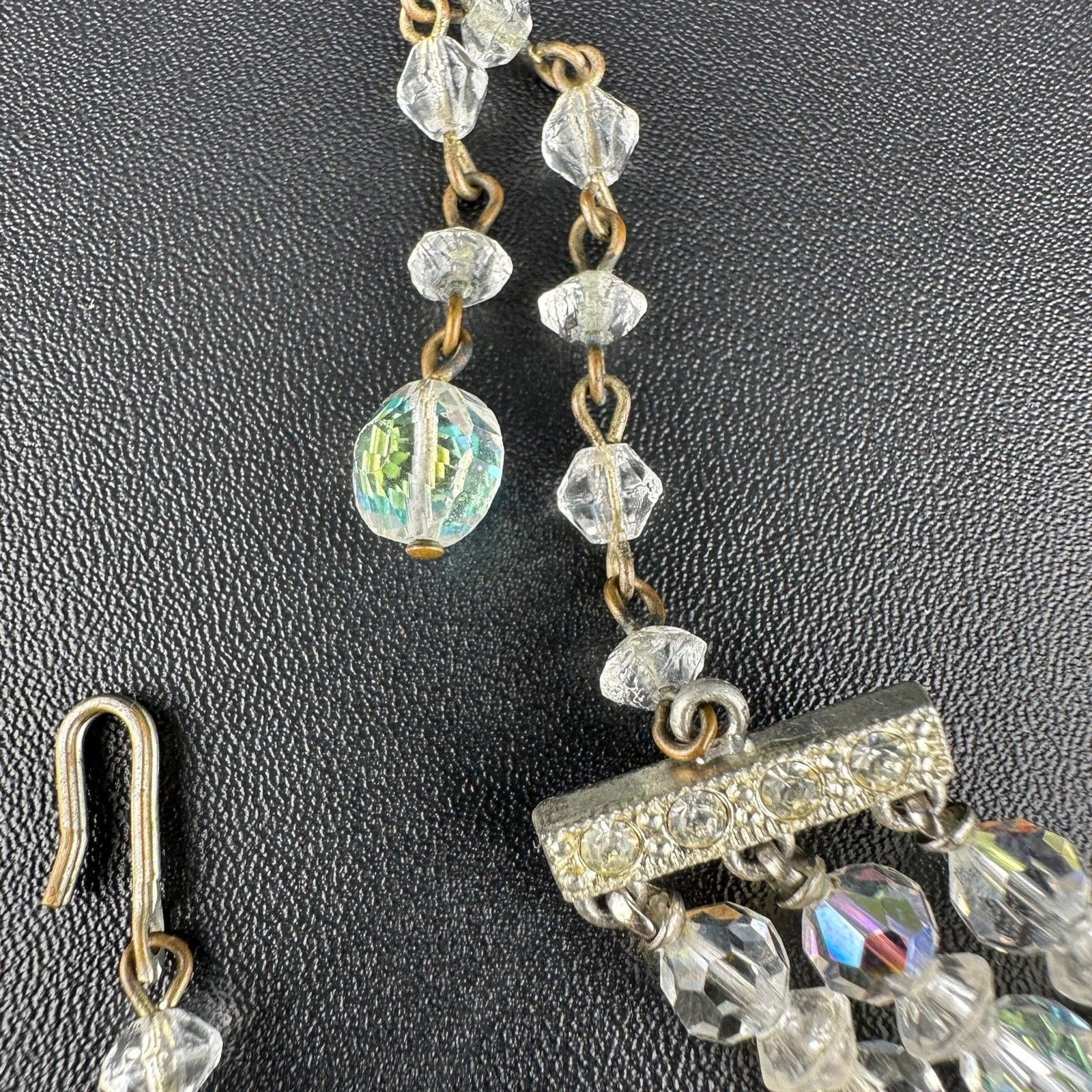 Vintage Aurora Borealis Necklace Crystal Faceted Three Strand Adjustable Hook