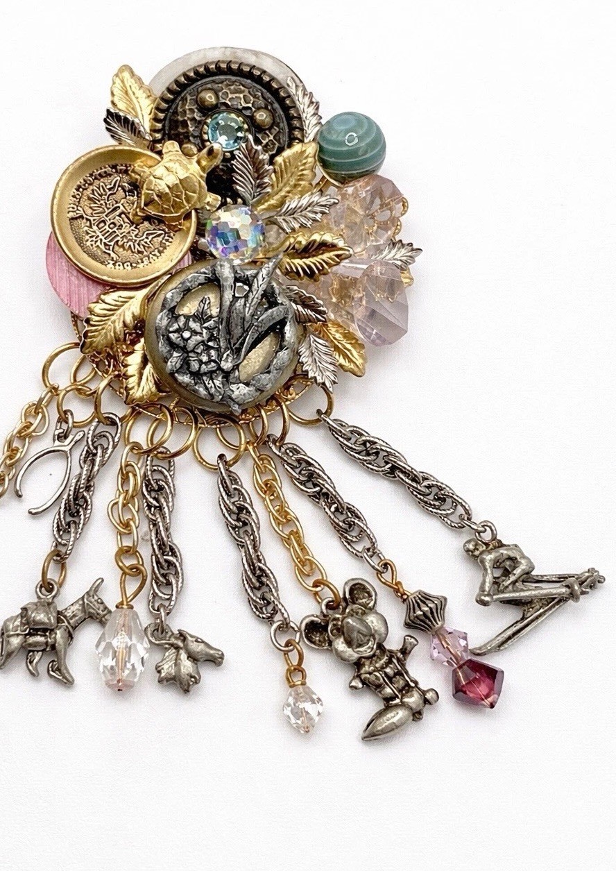OOAK Assemblage Charm Brooch Wearable Art Dangle Statement Pin