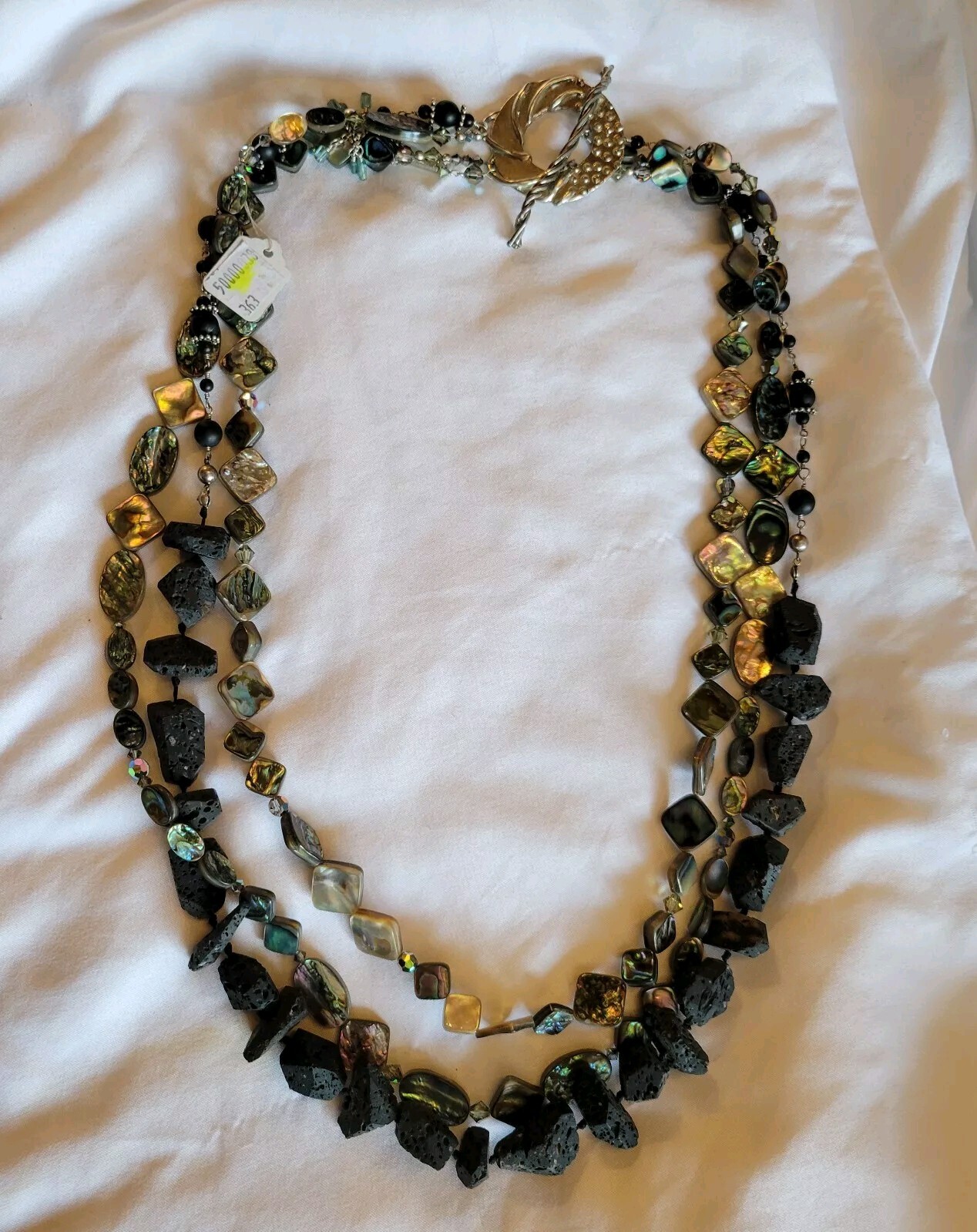 Vtg Lava Rock Mother of Pearl MOP Multi Strand Statement Necklace Signed Bob