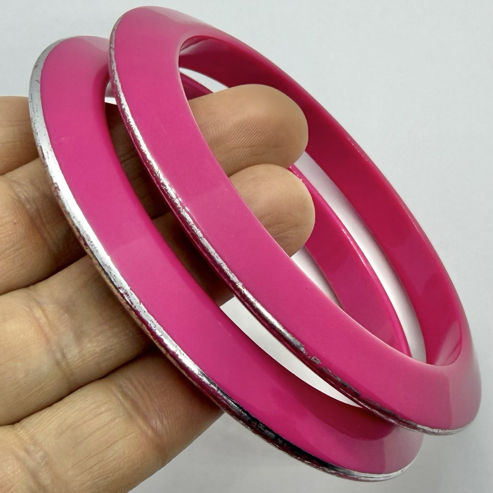 Vtg Pink Chrome Lucite Stacking 9 Inch Saucer Statement Bangle Bracelets Set