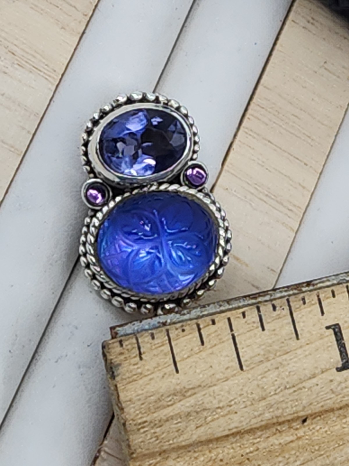 Stephen Dweck Sterling Silver Carved Blue Quartz Iolite Clip On Earrings