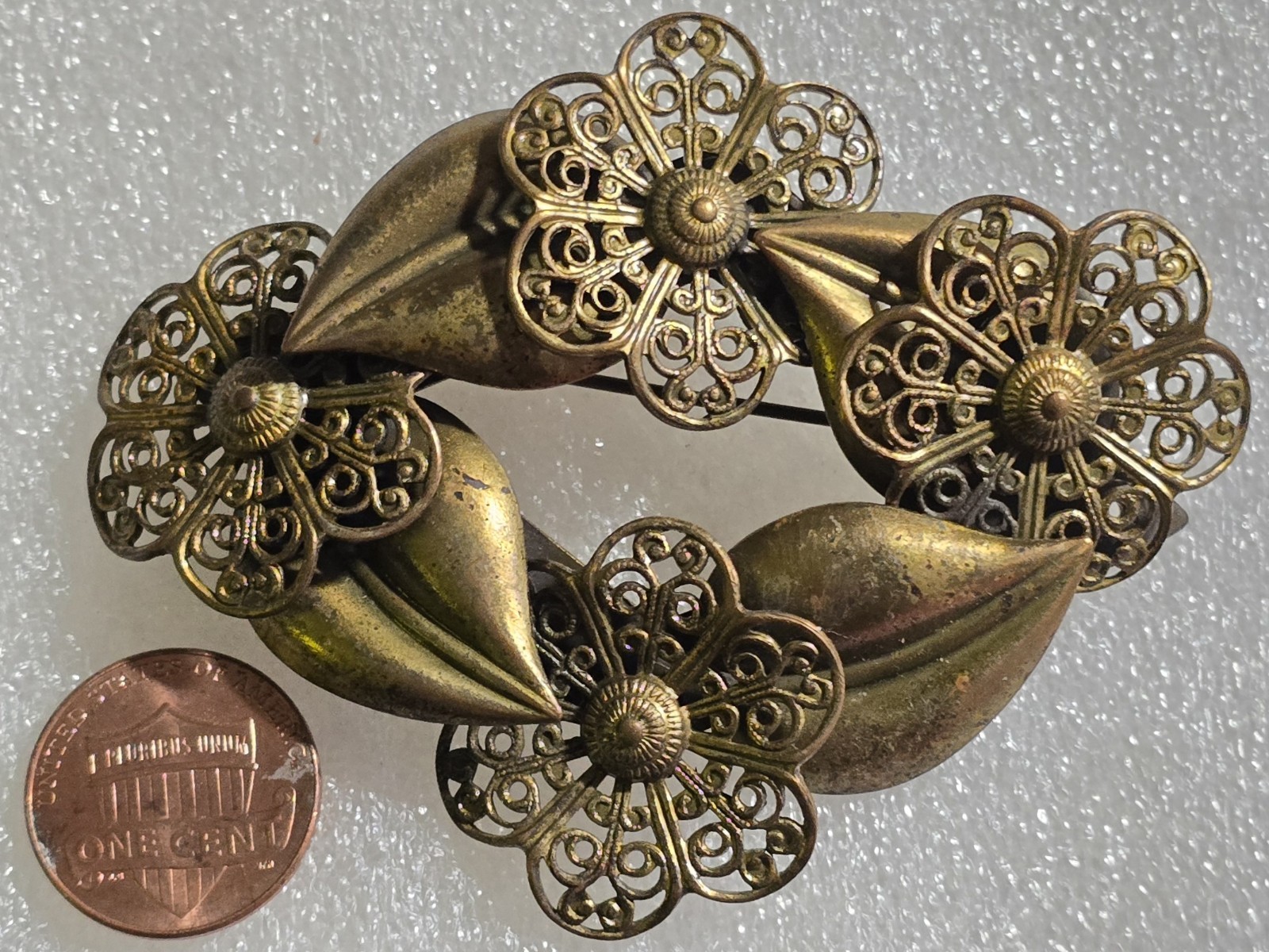 Antique Vintage Floral Filigree Brass Riveted Circle style Brooch