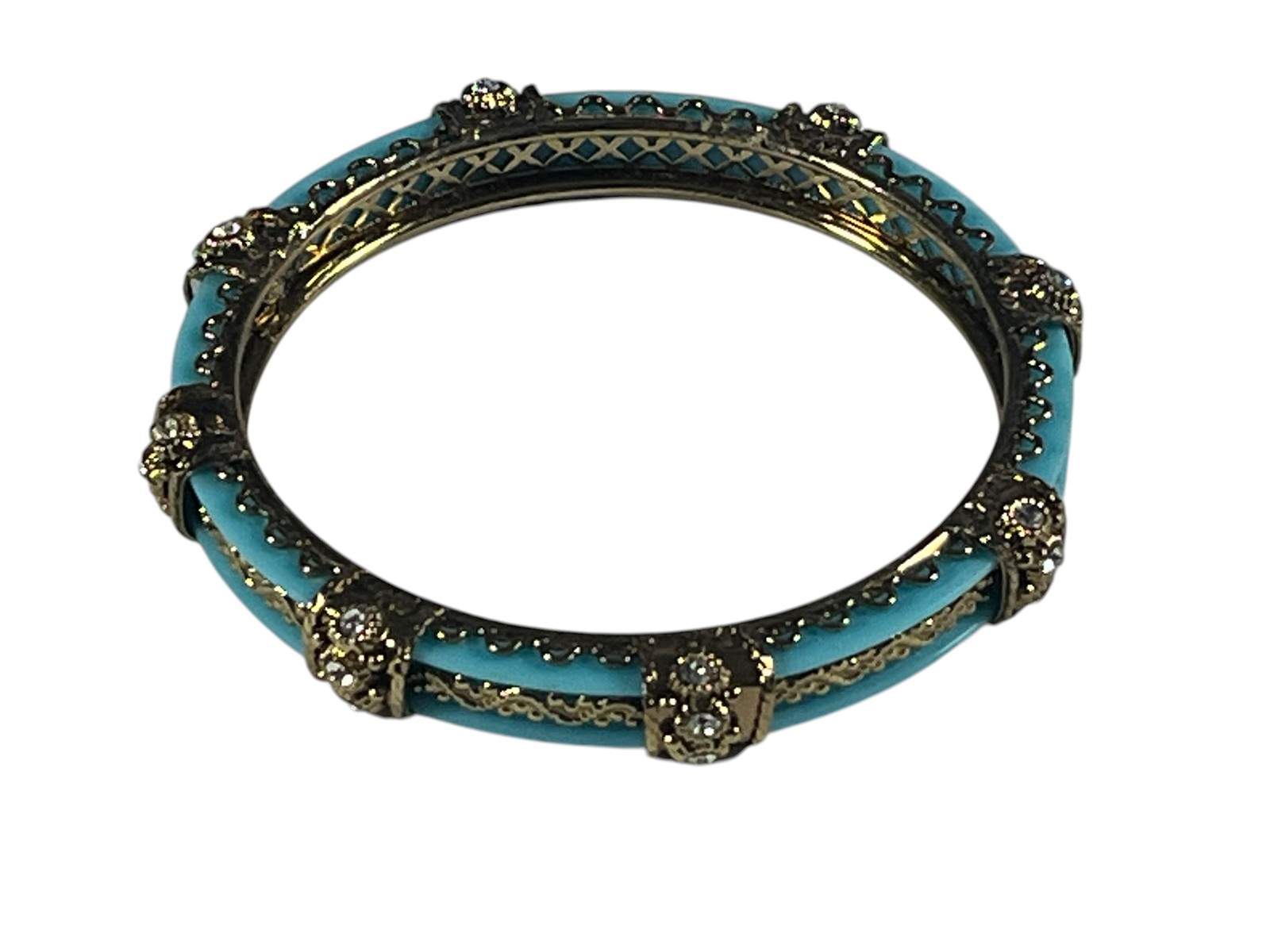 Vintage Gold Tone Turquoise Blue Enamel Rhinestone Hinged Bangle 3″ Bracelet