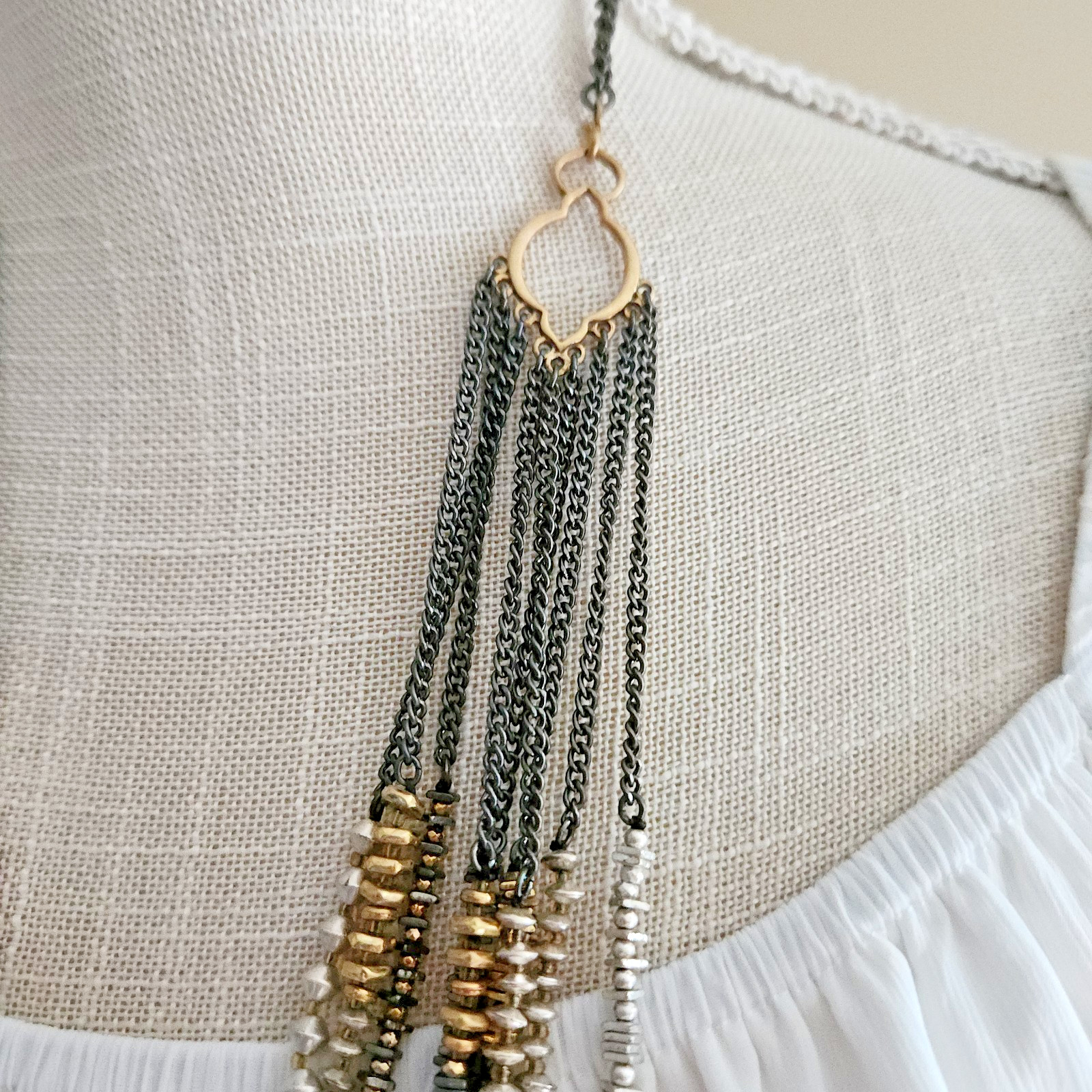 Stella & Dot Multi Strand Necklace Gold Black Silver Beaded Layered 9