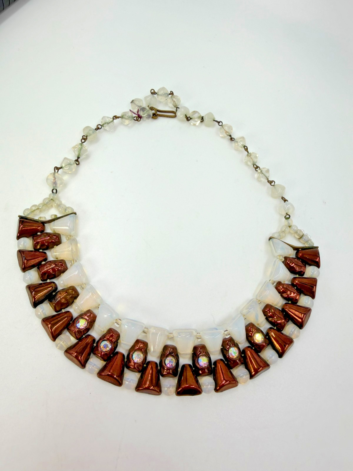 Vintage Necklace Western Germany Glass Collar Coppery Brown White PJ