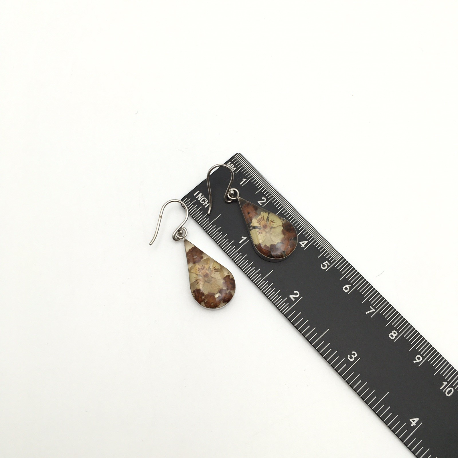 Sterling Silver ATI Dried Flower Resin Teardrop Dangle Earrings 925 Mex 4.5g #61