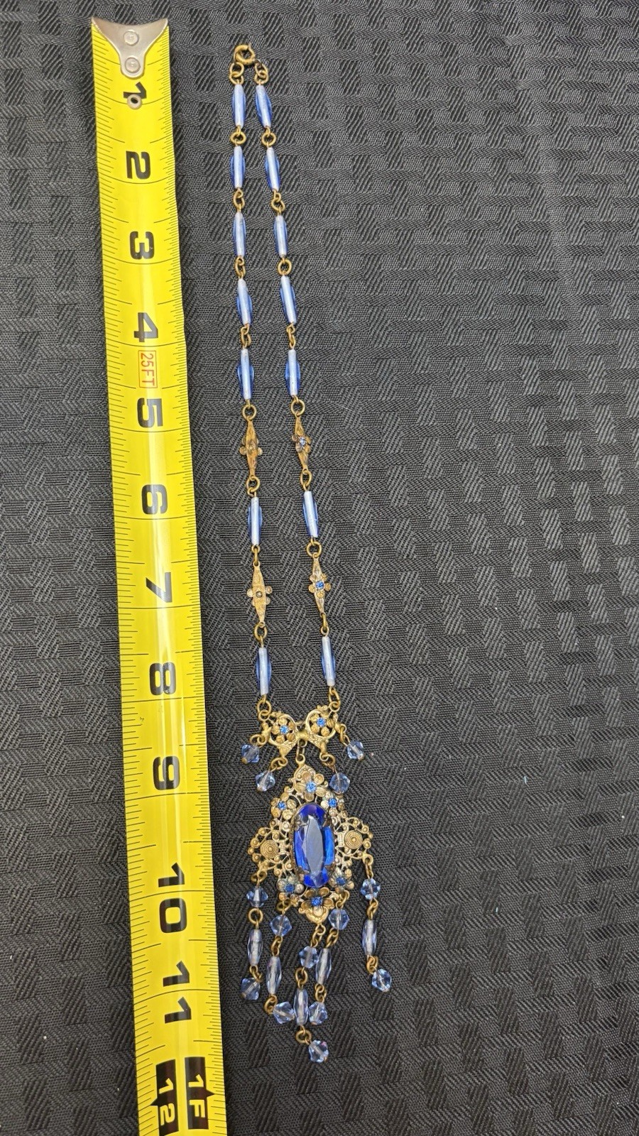 Vtg Czech Art Deco Brass Filigree Sapphire Blue Glass Fringe Festoon Necklace