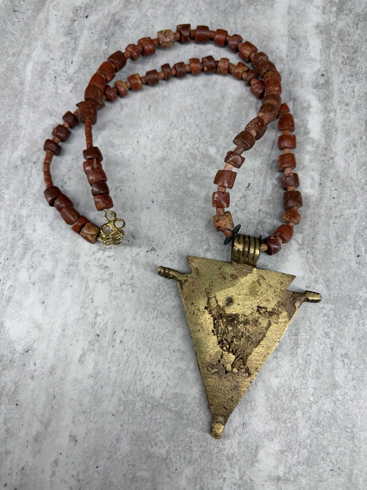 Vintage Orena Paris Tribal Necklace Stone Jewelry Brass Geometric Pendant