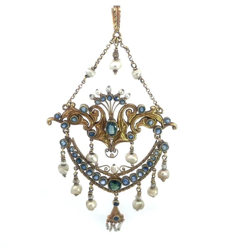Victorian Gold & Gems Pendant 18k 17k Yellow Large Lavalier Style