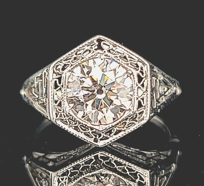 1.26ct 14k White Gold Filigree Engagement Ring Natural Champagne Round Diamond