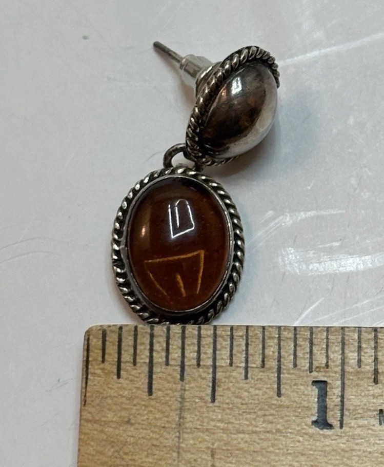 Vtg 925 Sterling Amber Cabochon 1-1/4” Dangle Drop Post Earrings Mexico 8g