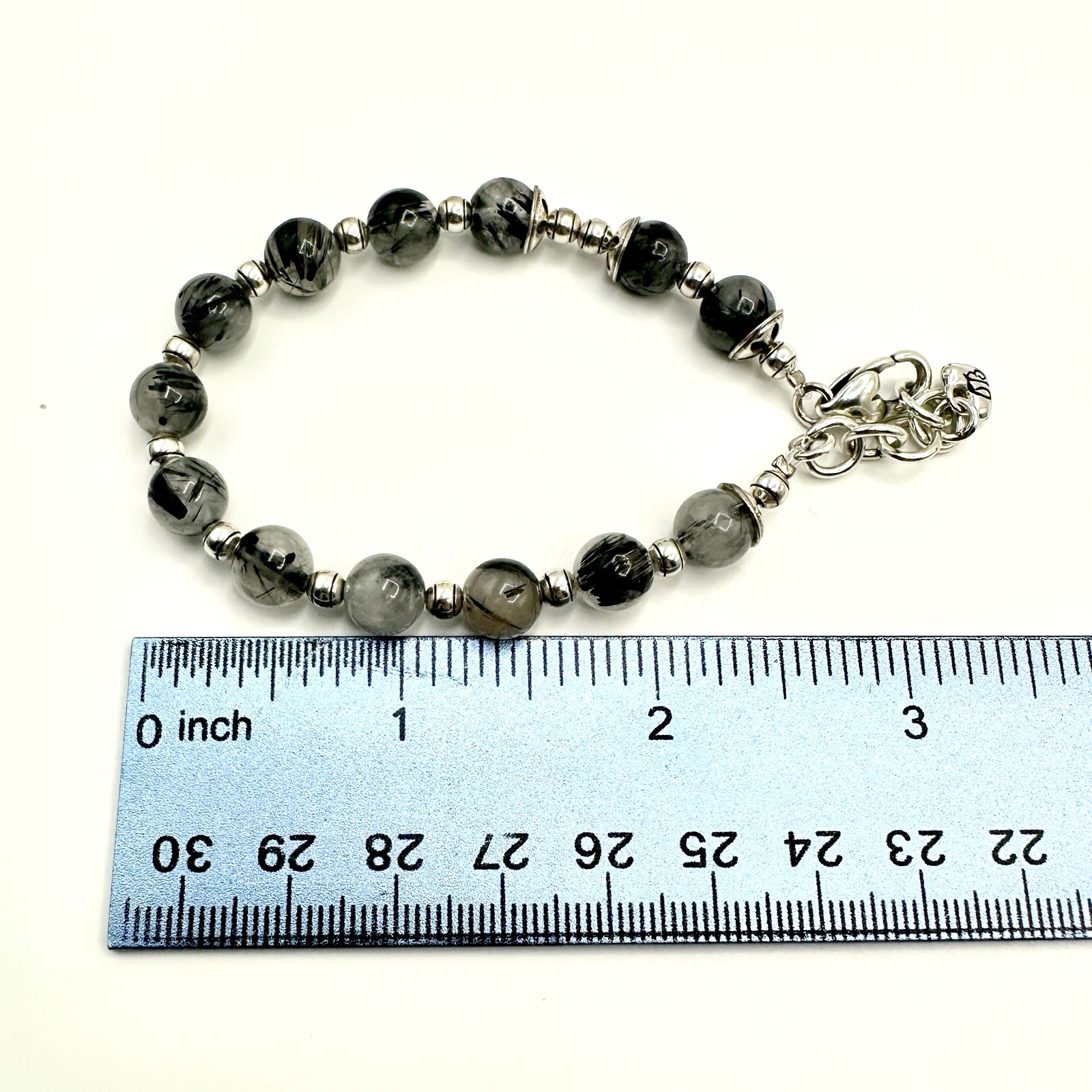Vintage BRIGHTON Black Rutilated Quartz Beaded Bracelet Gray Marbled Silver Tone
