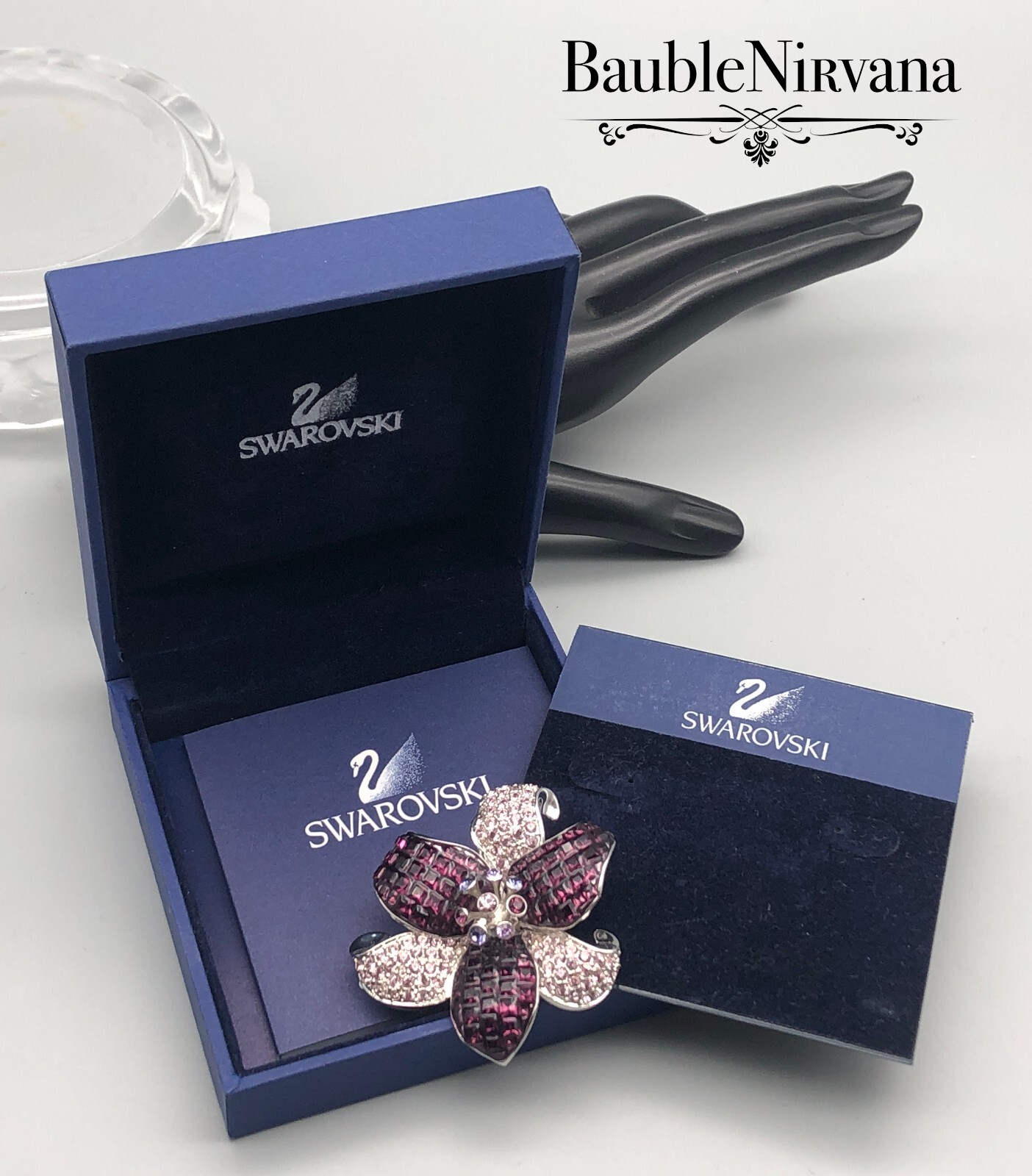 Vintage Swarovski Purple Austrian Crystal Orchid Flower Pin Brooch in Box