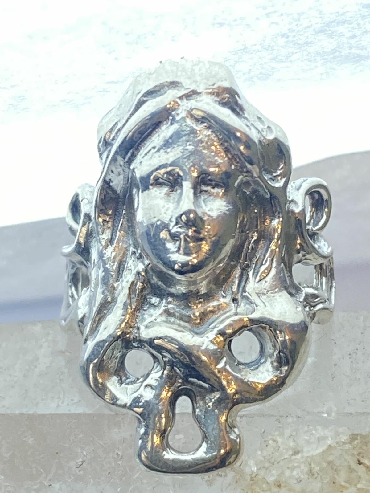 Face ring with long hair art deco influences sterling silver