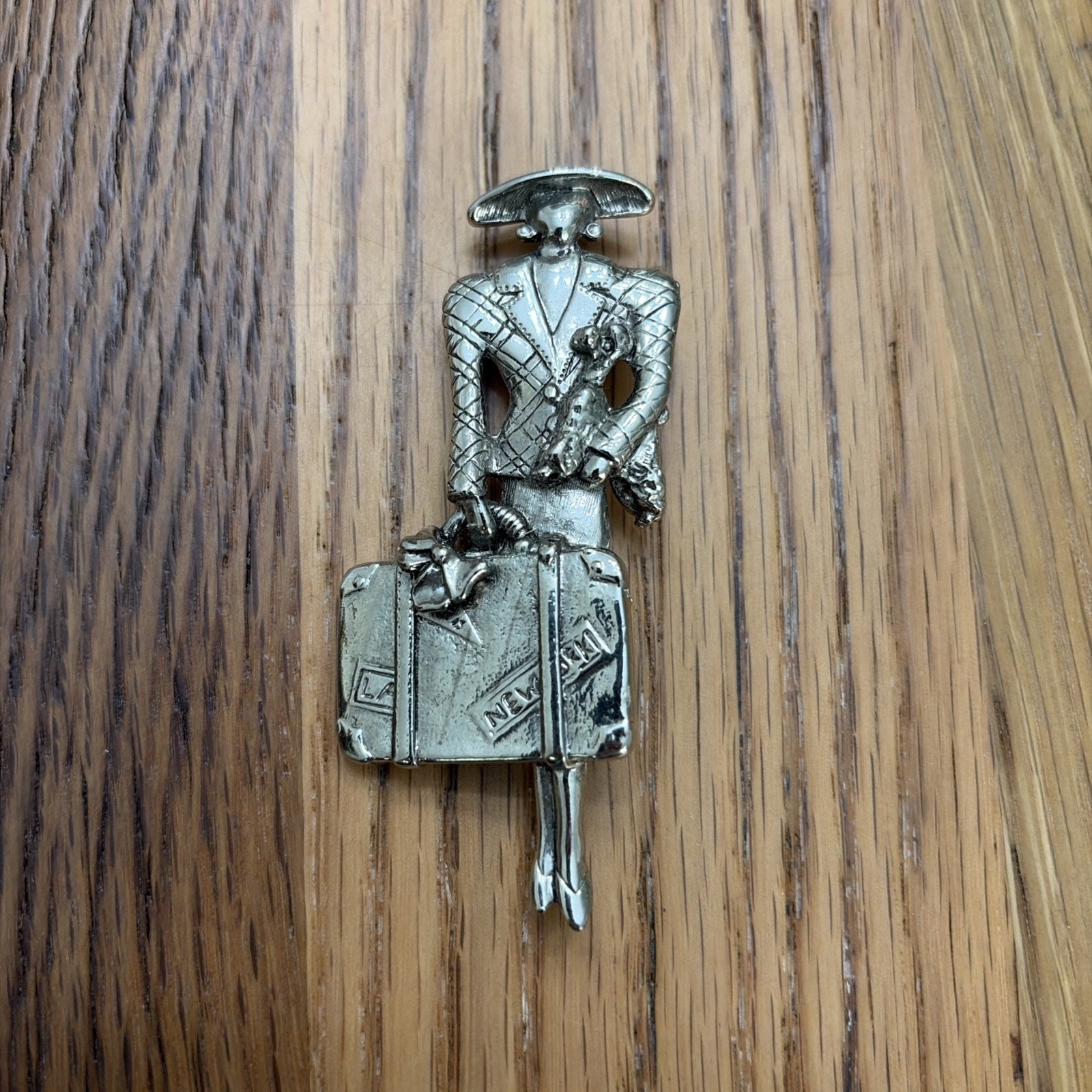 Vintage Brooch – Traveling Lady Poodle Suitcase New York LA Woman Person Silver