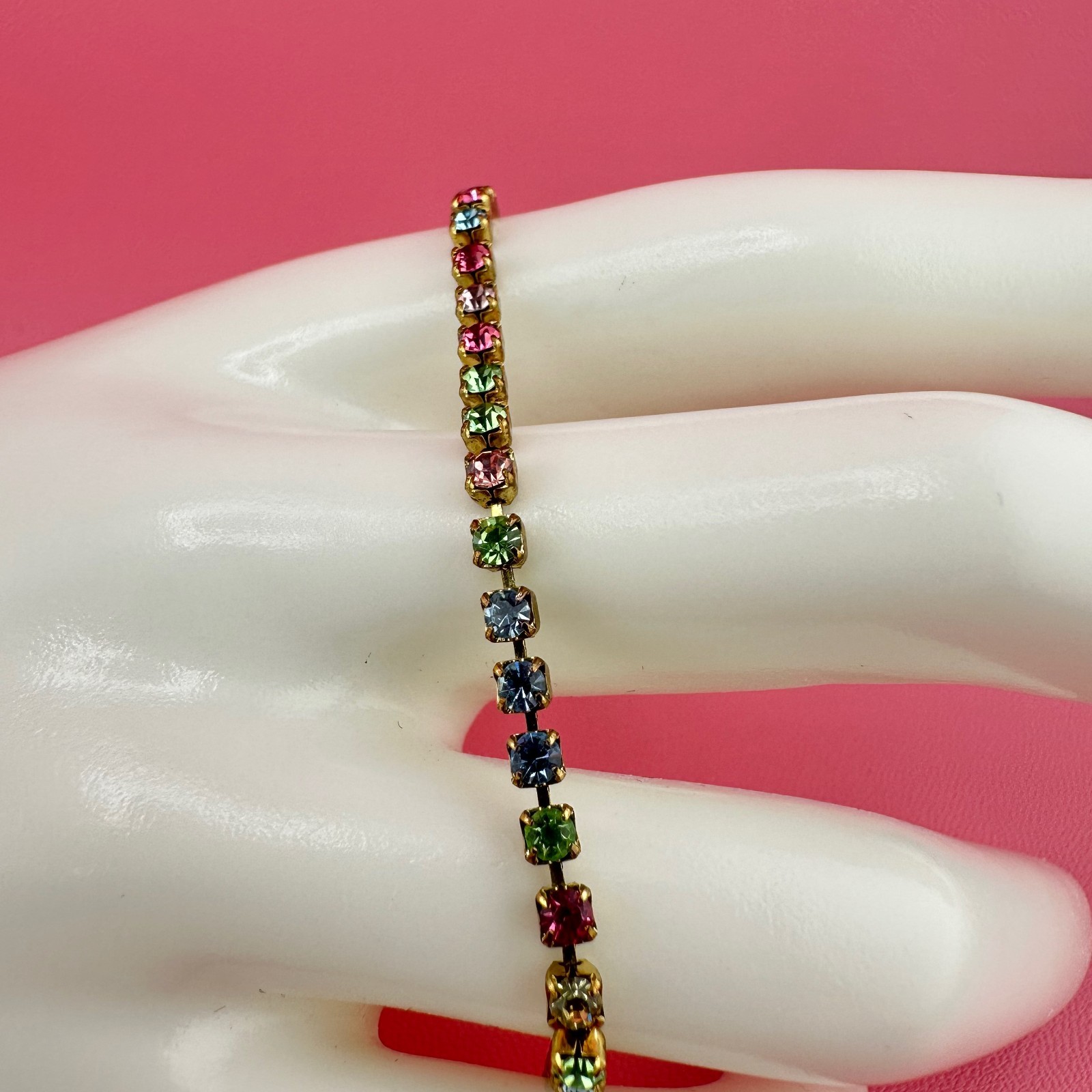 Vintage Rhinestone Bracelet Pastel Multi Color Gold Tone Tennis Cup Chain 6.75″
