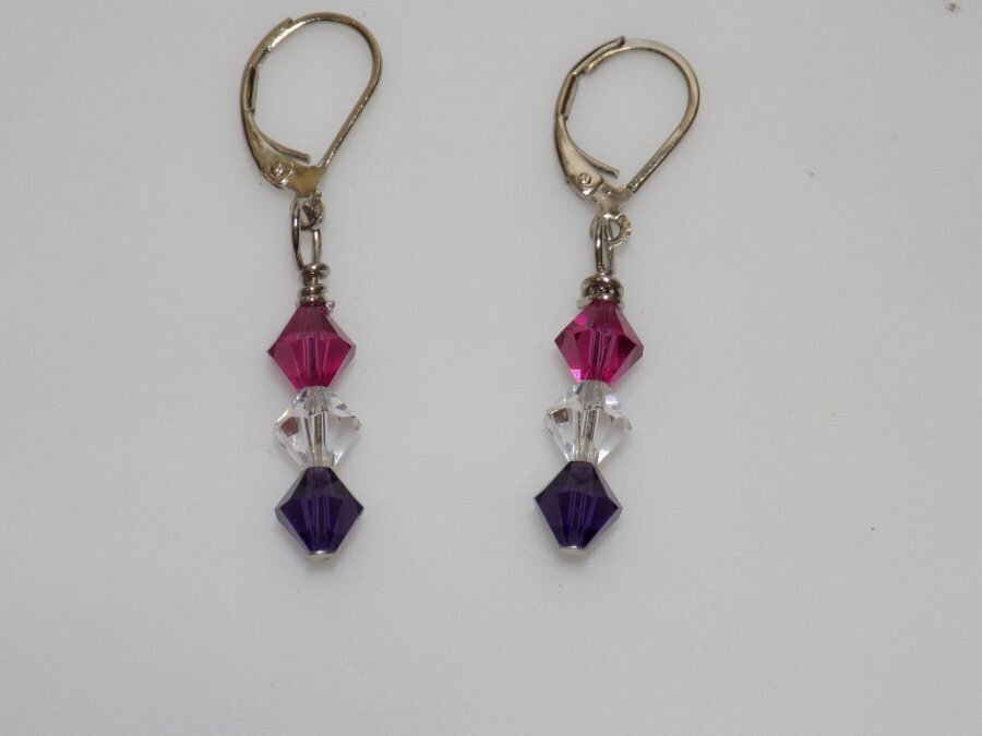 J256-VINTAGE PIERCED EARRINGS~PURPLE/PINK/WHITE CRYSTALS~1.5″ DANGLE