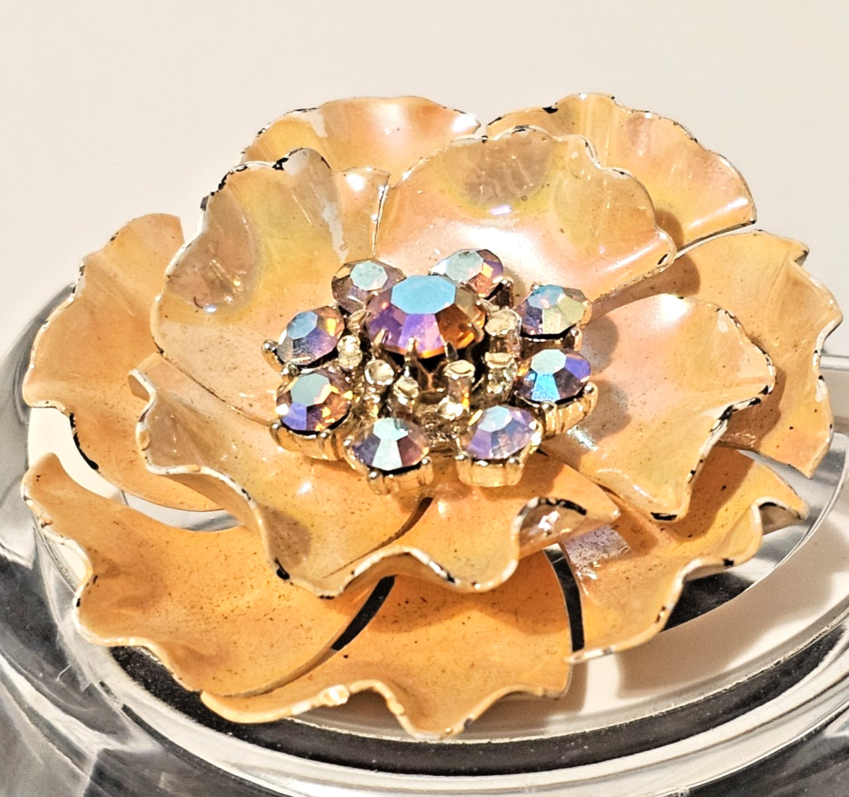 VTG Coro Yellow Poppy Flower Brooch 22 AB Rhinestones Glazed Enamel 2″ Retro MCM
