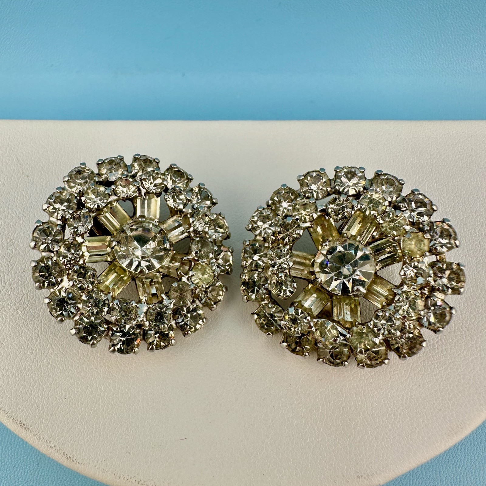 Vintage Rhinestone Earrings Silver Tone Round Cluster Baguette Prong Set Clip On